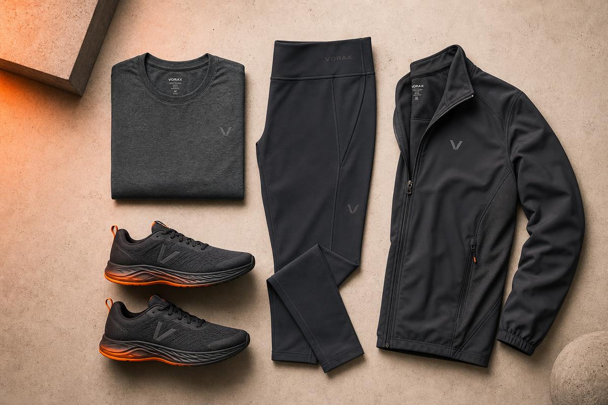 Flat lay of FIT premium athletic apparel including joggers, jacket, t-shirt, and trainers